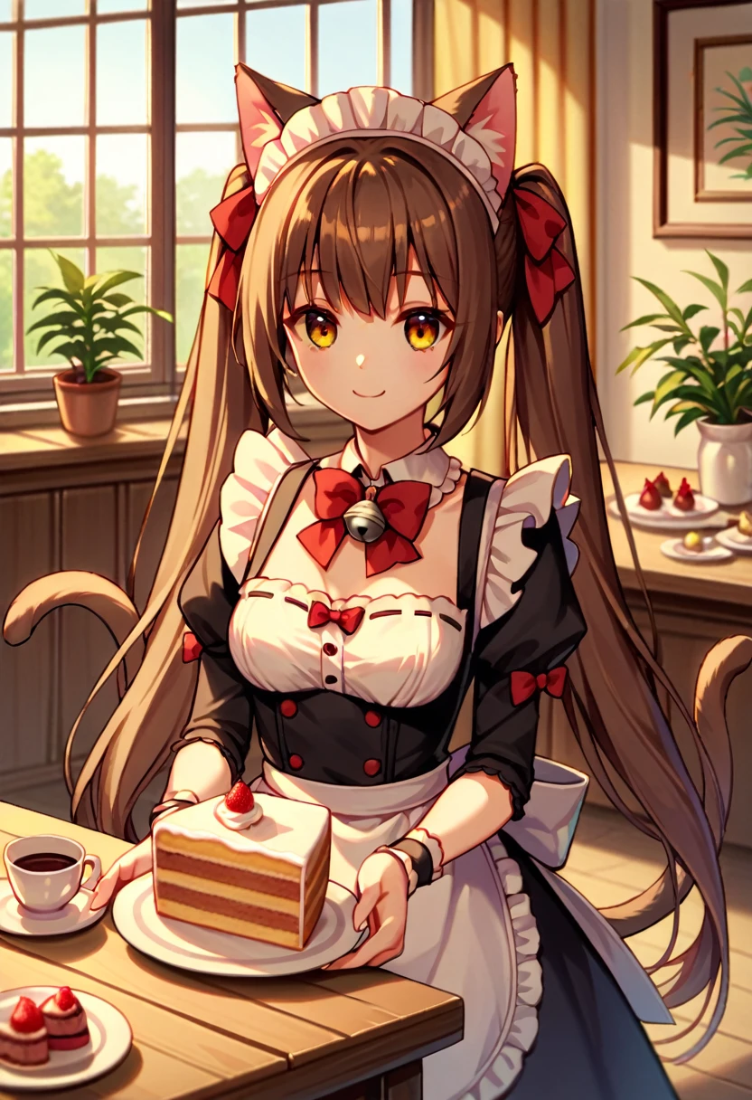 Chocola 1 girl with long brown hair, amber eyes, long hair, pigtails smile, silver bell on neck, maid uniform, cafe room, indoors , red bows, hold  dish with cake, cat ears, cat tail