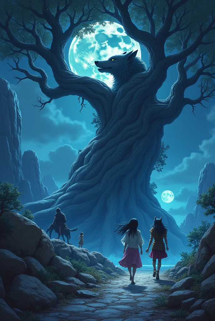 A teenage girl who goes on an adventure in the Moonlit Land with a werewolf king dressed in an ancient warrior costume. There are nerves and dimensional gates under the roots of a giant tree. Feel like fantasy. In this land have 2 moon.