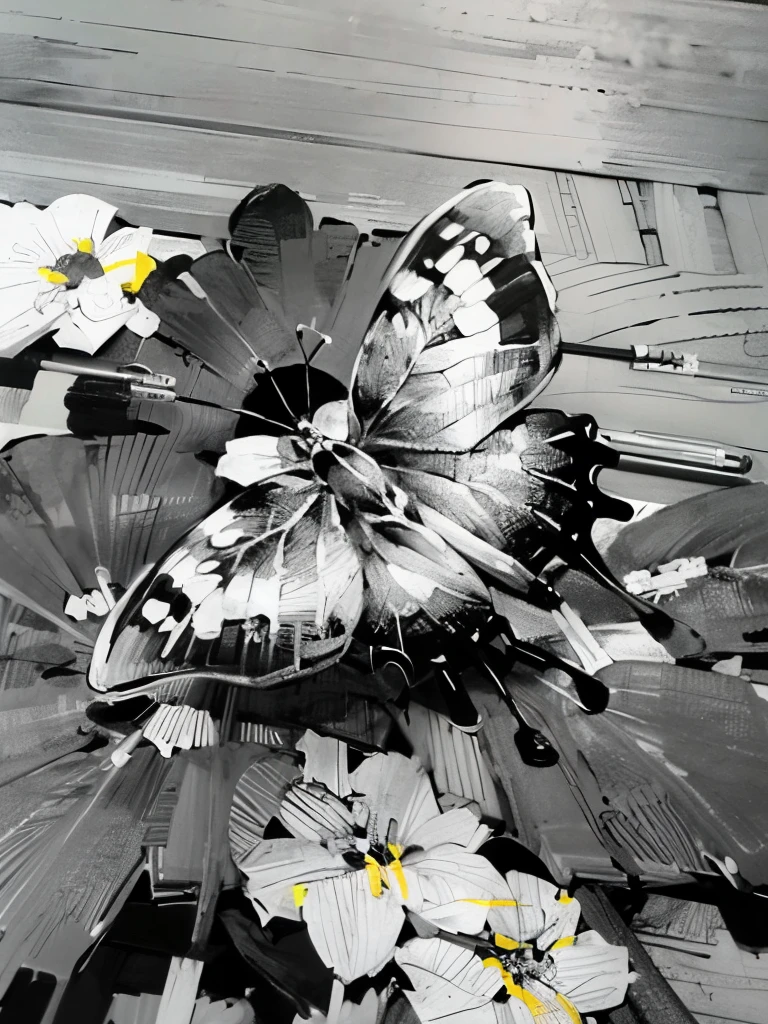 ((Sketch)) , (drawing) ,((monochrome)) , (pencil sketch),pencil etching, line-art, (black and white:1.9), , ((sketch of butterfly sitting on leaves)) , latannas, (next to wood floor) , overhead shot, detailed, (masterpiece:1.7), greyscale, high quality, 8k UHD