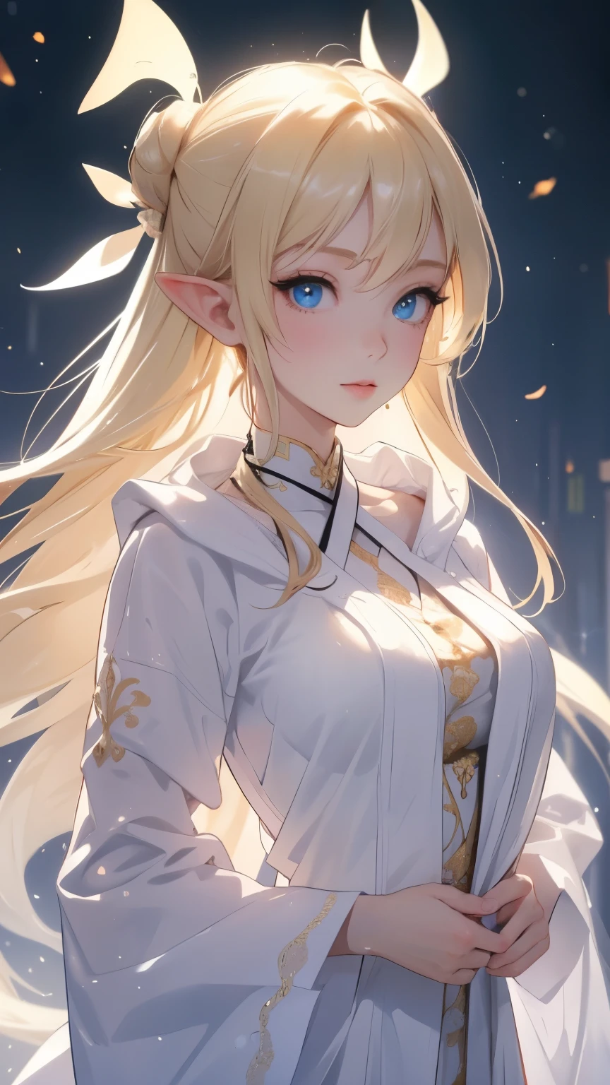 piece of art, Epic Details, Ultra detailed, a high resolution, blonde, Beautiful elf, hair tied up in an elegant bun, angelic face with soft features, slender body, wears kigurimi pajamas with a panda hood, graceful and clear hands, An expression of happiness, a wide, friendly and simple smile, Scenario: Light room, supper: speaks to the viewer without mistakes, Epic Details no rosto, big, expressive eyes, modest and elegant behavior