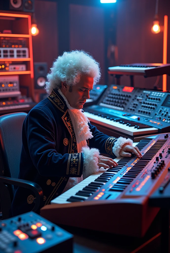 Mozart playing keyboard in a professional studio with several state-of-the-art synthesizers of different colors