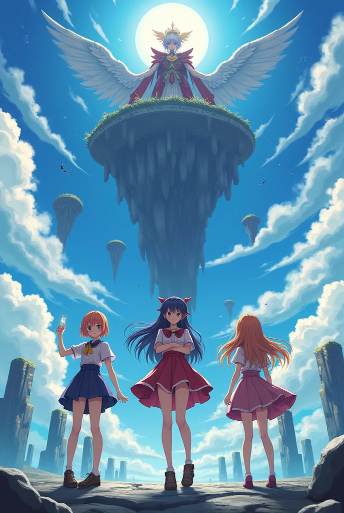 poster anime girls are standing against the background of flying islands, a little higher there is Dzeno, the ruler of the Imaginary Regime, above them there is the inscription Multiverse 3: Equalization