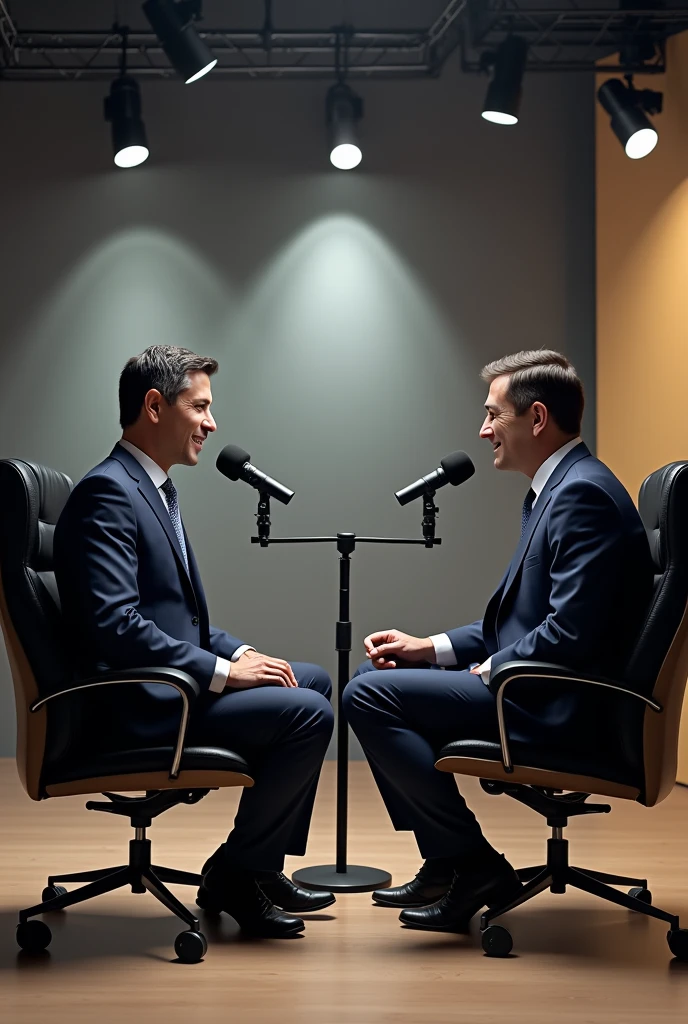 I want a image of two men people sitting in the chair and talking to eachother and giving a podcast in news realistic 