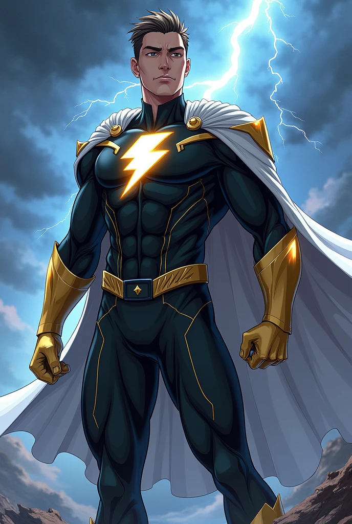 Create a hero with a black uniform with a lightning bolt on the chest and a white cape with golden lines anime without a mask