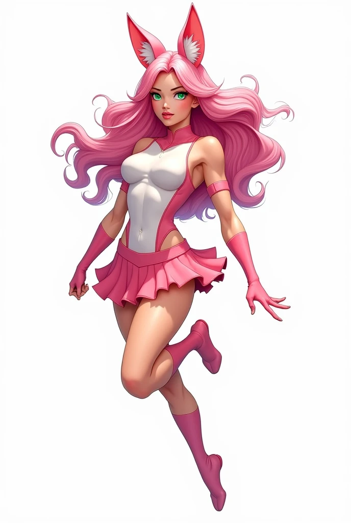 A girl with long wavy pink hair, pink fox ears and green eyes posing for a photo wearing a superhero uniform. A tight white and pink sleeveless leotard, a short pink layered skirt. The uniform highlights power and femininity. 
Posing for a photo as if you were flying. 
white background. 
Comic book 2d style. 