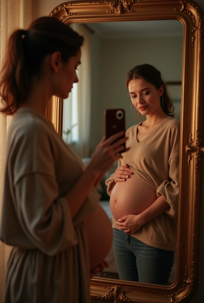 Caucasian female, medium brown tied hair, pregnant, posing for a photo in the mirror holding her iphone 15