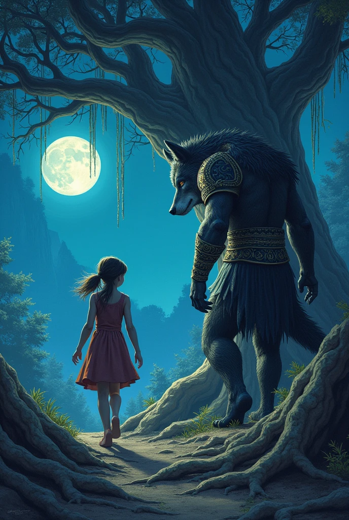 A teenage girl who goes on an adventure in the Moonlit Land with a werewolf king dressed in an ancient warrior costume. There are nerves and dimensional gates under the roots of a giant tree. Feel like fantasy.