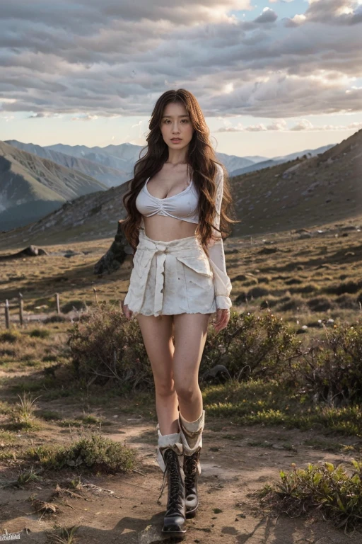 At sunset，Spectacular clouds，t-shirt, Off-road jacket, , (Reality:1.3), (best quality:1.0), (Ultra-high resolution:1.0), 8k, RAW photos, (masterpiece，best quality),  1 Girl, Delicate skin, Detailed eyes, (Long hair:1.2), (Large Breasts:1.1), (Explorer costume:1.3), Long legs，Boots，Standing in the mountains