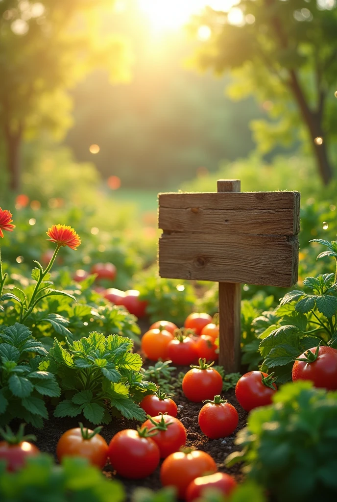 "Create an image of an organic garden with fresh vegetables in different bright colors, with dew drops shining on the leaves at dawn, while soft rays of sunlight illuminate the scene. Include a medium-sized wooden sign, empty and no text, placed visibly in the garden."