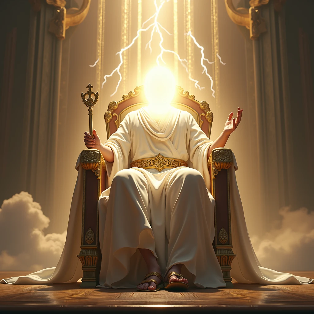 Make an ultra-realistic drawing, cinema picture, 4K resolution 1080px1025 A mighty throne of a king in heaven and a man in white robes sitting on it with a golden belt around his waist and Roman sandals. He holds a golden scepter in his hands, his face can't be seen, for a strong powerful light came out and said the throne and from it also came lightning bolts and thunder and an immense face. He seems to be very powerful, if he were God. however, his face can't be seen put a strong light coming out of his face, because no one can see the face of God. In place of the head, put a big ball of light.