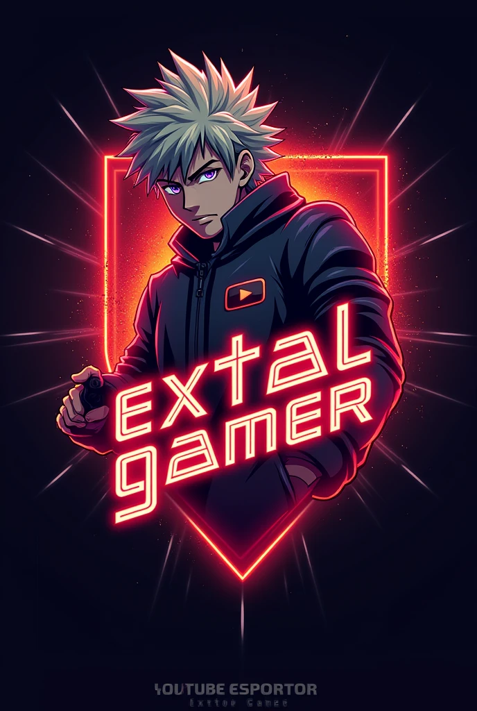 This is a gaming logo that features the name "EXTEAL GAMER" in a futuristic font and a neon red color. and Men Anime avtar bakugo and a YouTube play button in the background. The logo is designed to be attractive and eye-catching, and to appeal to gaming enthusiasts and You Tube viewers, I hope you like it.