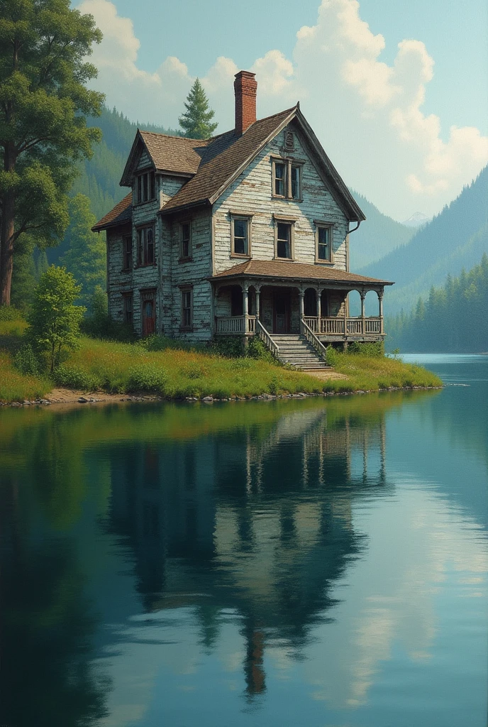 Abandoned house by the lake,paisaje, water, (Extremely Detailed CG Unity 8k Wallpaper), most beautiful works of art in the world, majestic professional oil painting, intrikate, high détail, sharp focus, dramatic and photorealistic painting art