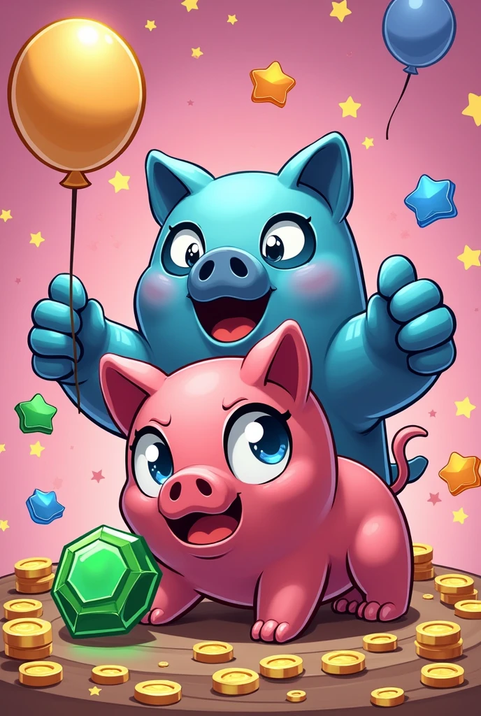 I want you to make a comic-style design of the Brawl Stars mega piggy bank like Spider-Man's: Across the Spider-Verse and put Cold Challenge and Shelly Star's new version with gems, glitter and gold, I don't want the pig, I want the mega piggy bank and the two brawlers already mentioned before, no spiders. put green game gems, gold coins and bling, also make the pig cute, Okay but put on a victory pose with a big green gem and bling from the brawl stars game and make the cute pig very cute and small that looks tender with big shiny eyes like envy from inside out 2 but keeping the style of brawl stars and pastel pink color with blue eyes and yellow stars in the background. put cold brawl stars competitor and shelly star her recolor, Make her a more adorable woman with eyelashes and shiny eyes with angry eyes, angry face and victory pose, put bling from the braw stars game in the background that says in a balloon that you join their club, put on an excited face