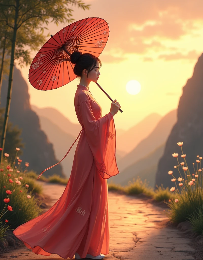 Create a high-resolution digital illustration,Presented in 8K ultra-high definition quality,Depicts a young woman in her late teens or early twenties.,Standing on a mountain path illuminated by the setting sun,Looking far away。She gently held a traditional oil-paper umbrella in her hand,The umbrella is decorated with elegant plum blossom patterns,The texture of oil paper is real,Reveals detailed texture and shine in low light,The woman under the umbrella looks weak and lovable。
Her outfit is inspired by Chinese TV series《Lotus Tower》Li Lianhua's costume,But in details, it emphasizes softness and gentleness.。She wore a light red gown,The fabric of the robe is as soft as watene material,Texture as smooth and soft as silk,Drifting slightly in the wind,The golden embroidery looks exquisite and gorgeous,Show her dignity and elegance。She has a slender figure,Light movements,Skin is delicate and smooth as porcelain,Hair pulled into a bun casually,A few strands of fine hair fall naturally around her face,Adds a sense of soft beauty,The texture of hair seems real and touchable。
The woman's face is beautiful,Soft facial features,The eyes reveal deep longing and expectation。She looked back,A trace of surprise and desire flashed in the eyes,As if I thought my old friend had returned。Her eyes sparkled with tears in the sunset,Skin looks warm and transparent under the soft sunlight,The corners of the mouth are slightly raised,Revealing a subtle sadness。However,At that moment, his expression quickly turned into disappointment and sadness,Because the person you expected didn’t show up as expected。Although her expression is weak,But at the same time, it reveals a kind of strength and self-reliance.,It seems that during these years of living alone,She has learned how to persevere。
The background is set on a quiet mountain road,The afterglow of the setting sun gives the entire scene a golden light and shadow,The light is real and warm,The mountains in the distance and the remaining clouds on the horizon look and beautiful。The path is lined with low bamboo forests and scattered wild flowers.,Swaying gently in the evening breeze,The texture of leaves and the true details of wildflowers are clearly visible。The entire screen presents unparalleled resolution,Details remain clear and realistic even when zoomed in,Make this image look great on the big screen or up close,All display stunning picture quality。
