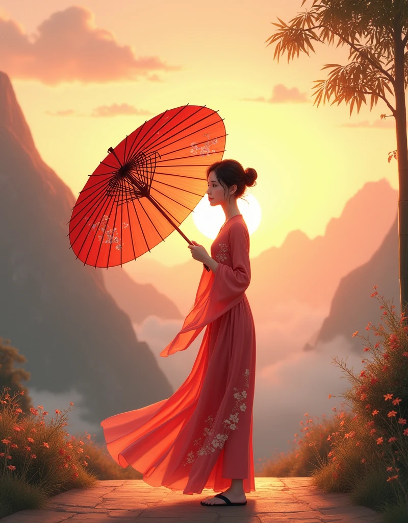 Create a high-resolution digital illustration,Presented in 8K ultra-high definition quality,Depicts a young woman in her late s or early twenties.,Standing on a mountain path illuminated by the setting sun,Looking far away。She gently held a traditional oil-paper umbrella in her hand,The umbrella is decorated with elegant plum blossom patterns,The texture of oil paper is real,Reveals detailed texture and shine in low light,The woman under the umbrella looks weak and lovable。
Her outfit is inspired by Chinese TV series《Lotus Tower》Li Lianhua's costume,But in details, it emphasizes softness and gentleness.。She wore a light red gown,The fabric of the robe is as soft as watene material,Texture as smooth and soft as silk,Drifting slightly in the wind,The golden embroidery looks exquisite and gorgeous,Show her dignity and elegance。She has a slender figure,Light movements,Skin is delicate and smooth as porcelain,Hair pulled into a bun casually,A few strands of fine hair fall naturally around her face,Adds a sense of soft beauty,The texture of hair seems real and touchable。
The woman's face is beautiful,Soft facial features,The eyes reveal deep longing and expectation。She looked back,A trace of surprise and desire flashed in the eyes,As if I thought my old friend had returned。Her eyes sparkled with tears in the sunset,Skin looks warm and transparent under the soft sunlight,The corners of the mouth are slightly raised,Revealing a subtle sadness。However,At that moment, his expression quickly turned into disappointment and sadness,Because the person you expected didn’t show up as expected。Although her expression is weak,But at the same time, it reveals a kind of strength and self-reliance.,It seems that during these years of living alone,She has learned how to persevere。
The background is set on a quiet mountain road,The afterglow of the setting sun gives the entire scene a golden light and shadow,The light is real and warm,The mountains in the distance and the remaining clouds on the horizon look and beautiful。The path is lined with low bamboo forests and scattered wild flowers.,Swaying gently in the evening breeze,The texture of leaves and the true details of wildflowers are clearly visible。The entire screen presents unparalleled resolution,Details remain clear and realistic even when zoomed in,Make this image look great on the big screen or up close,All display stunning picture quality。