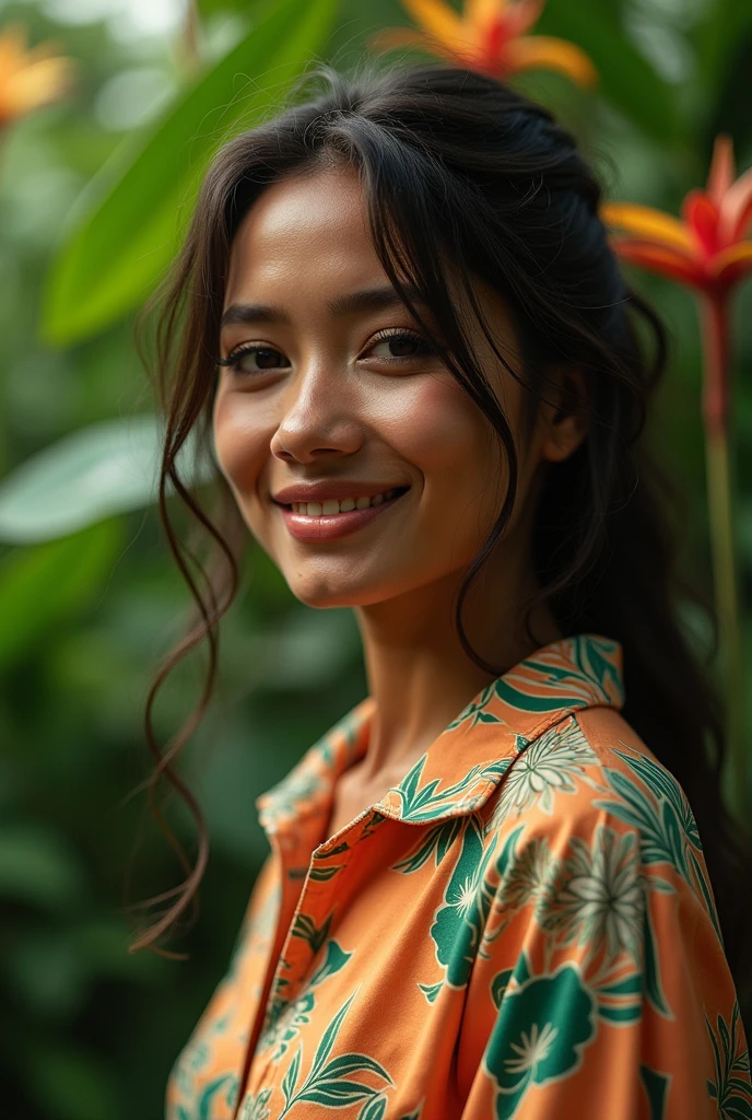 A Brazilian woman in a lush tropical garden, wearing an open shirt with a floral print, with a close-up capturing the harmonious beauty between her breasts and the natural flowers, showing off your natural charm and outgoing personality.