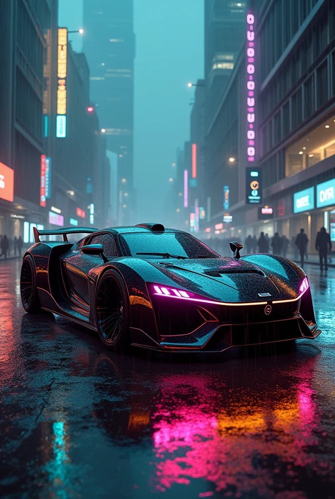 a cyber supra with teal ,orange and neon purple colour lights with buildings anda a shiny floor under a rainy weather make it more dark
