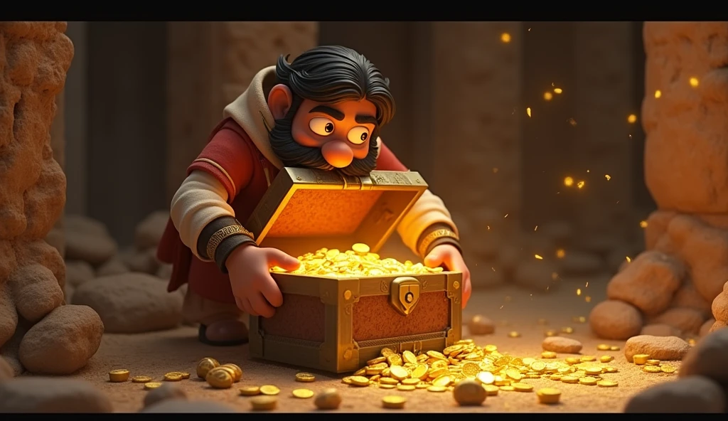 In 3D animation style:*Ramesh opening an old, dusty chest inside the ruins**, golden light spilling out from within, revealing ancient gold coins and jewels.