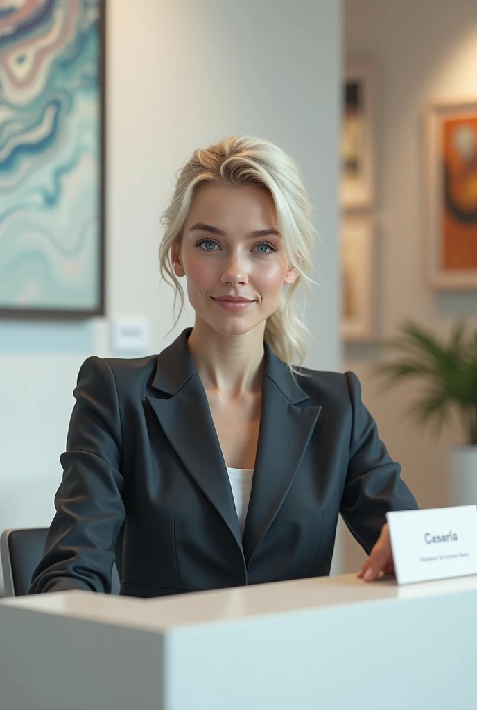 Create a photorealistic image of a female receptionist in a small modern art gallery. She is 23, platinum blonde and has intense blue eyes. She is dressed in a modern business suit. Her appearance looks alot like a nordic Emilia Clarke. 