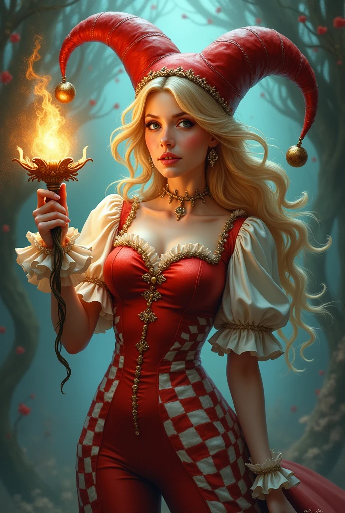 A woman with blonde hair and with a red checkered jester clothes and holding a torch