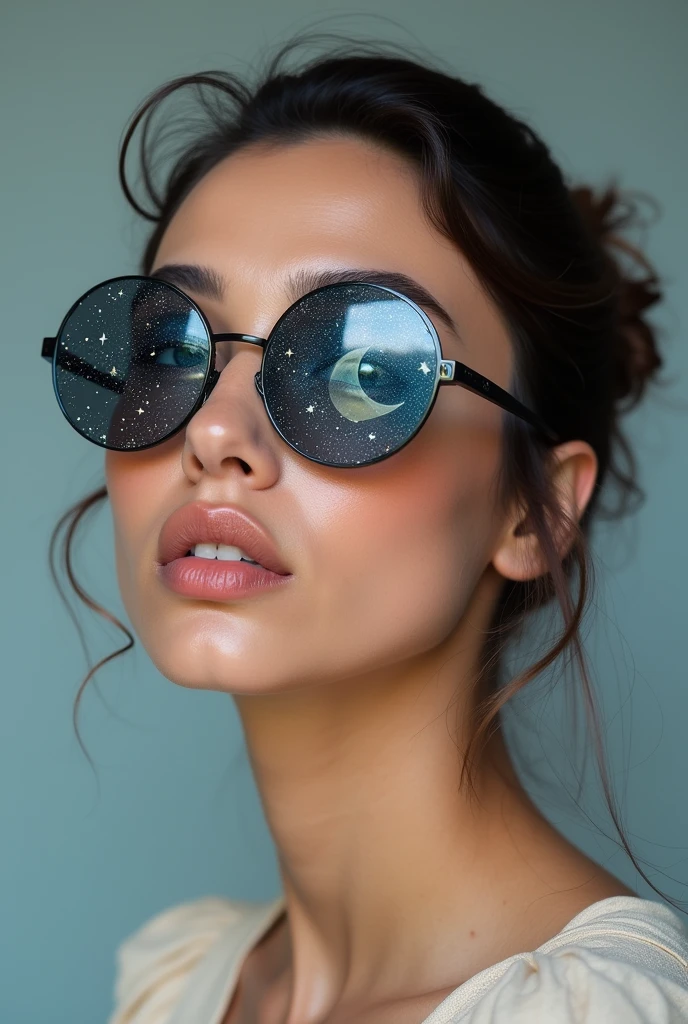 The model is wearing glass sunglasses with stars and the moon on the glass