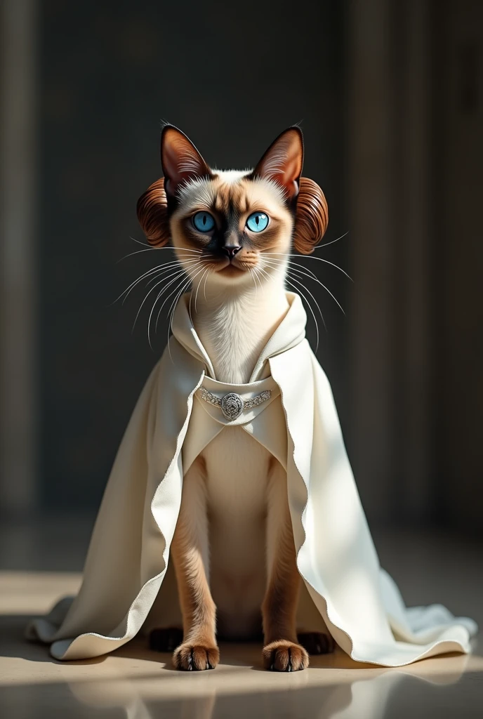Siamese cat dressed as Princess Leia from Star Wars.dramatic,4K