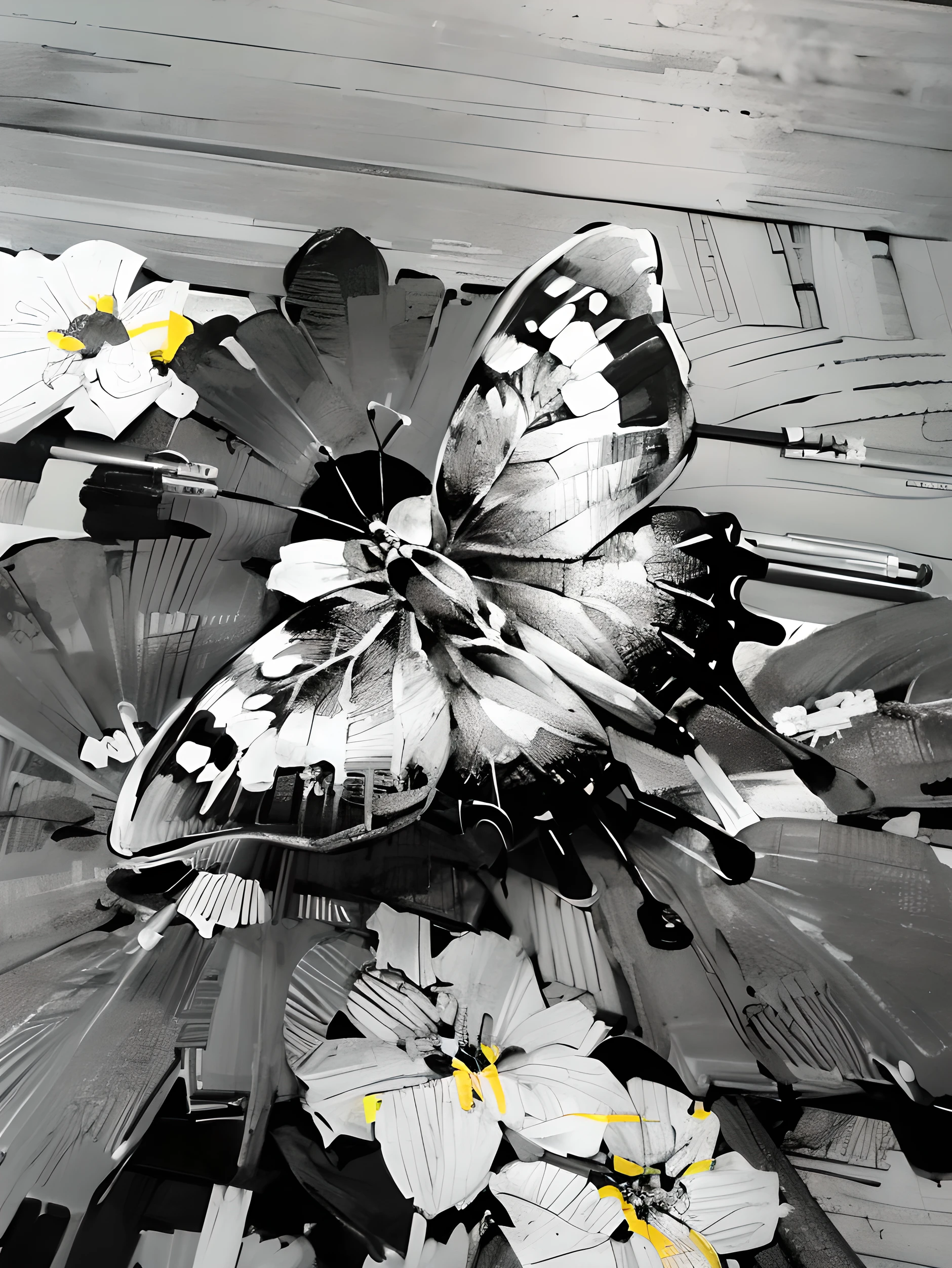((Sketch)) , (drawing) ,((monochrome)) , (pencil sketch),pencil etching, line-art, (black and white:1.9), , ((sketch of butterfly sitting on leaves)) , latannas, (next to wood floor) , overhead shot, detailed, (masterpiece:1.7), greyscale, high quality, 8k UHD