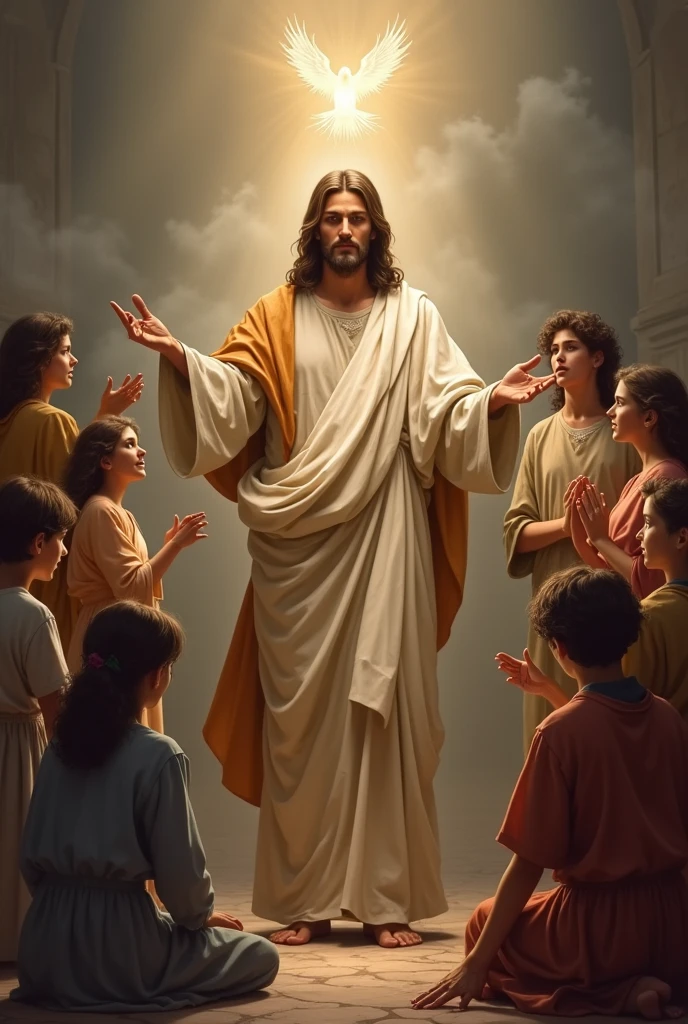Jesus with wounds in his hand and the Holy Spirit with a group of young people
