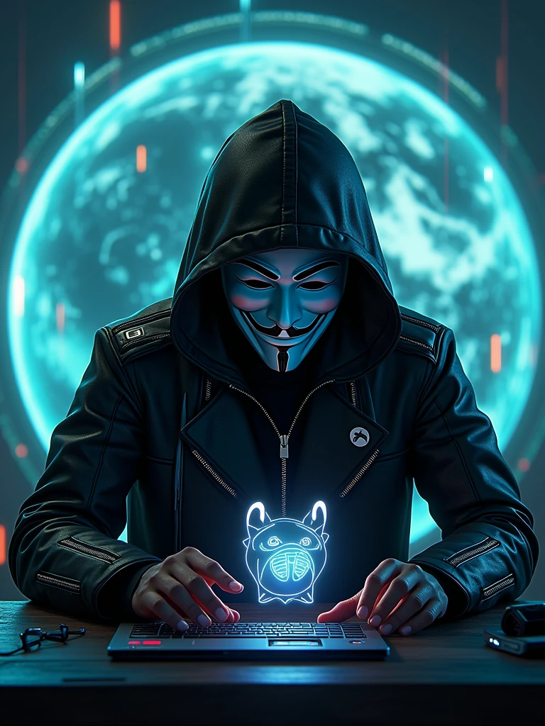 cyberpunk hacker wearing guy Fawkes masks gaming logo, mascot, background earth planet -imagine -