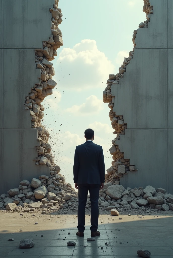 An image showing a wall or barrier being destroyed, With a businessman you don't need to wear a suit, it can be a simple formal outfit, just go over it., symbolizing overcoming customer objections.