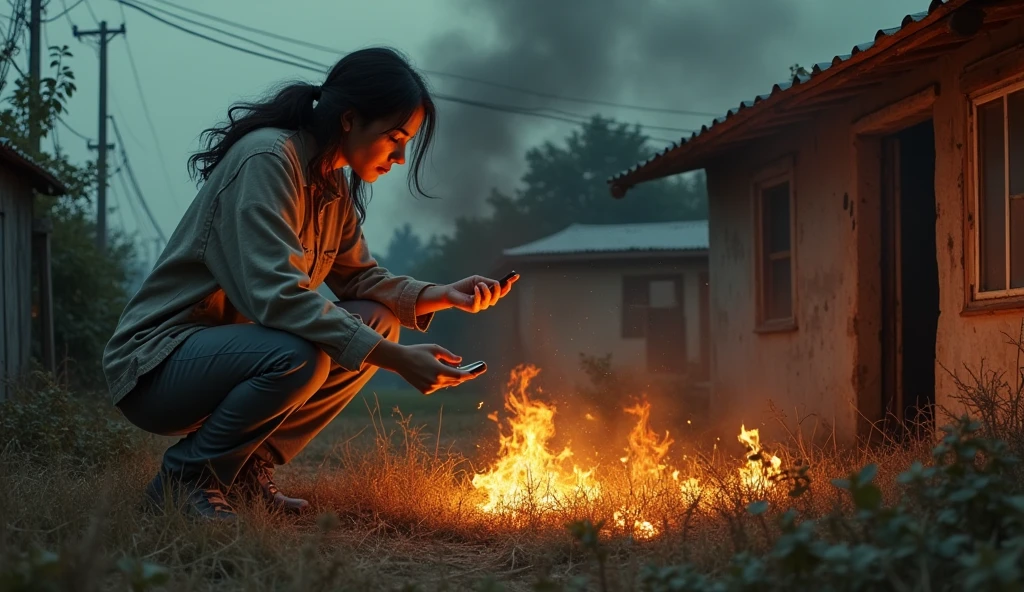 Unwanted Burning grass in poor house, a women dropping phone on fire, low fire