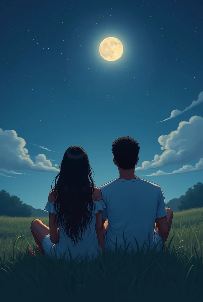 Fatlong haired woman and a black American man sitting on the grass looking at the sky full moon and stars