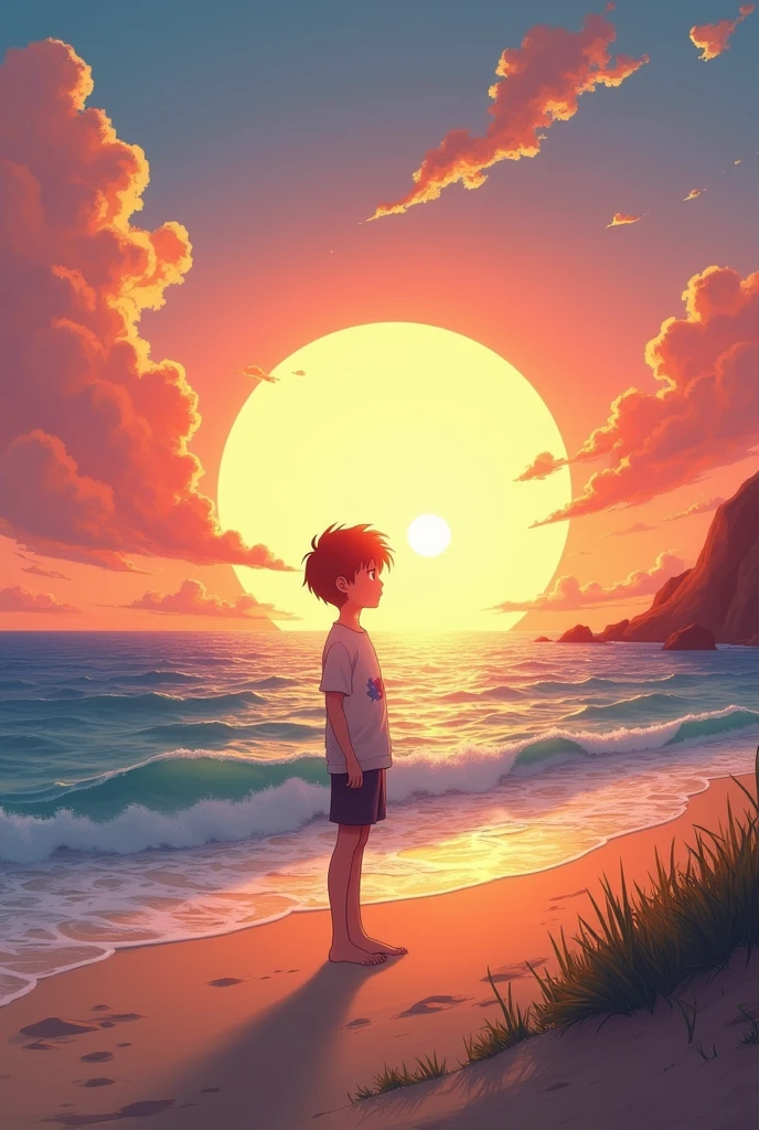 Generate a central puch hole wallpaper in 1080*2400 size in which A 18 year boy are standing on sand near sea. Sunset in sky. He was alone . Sun is on puch hole.