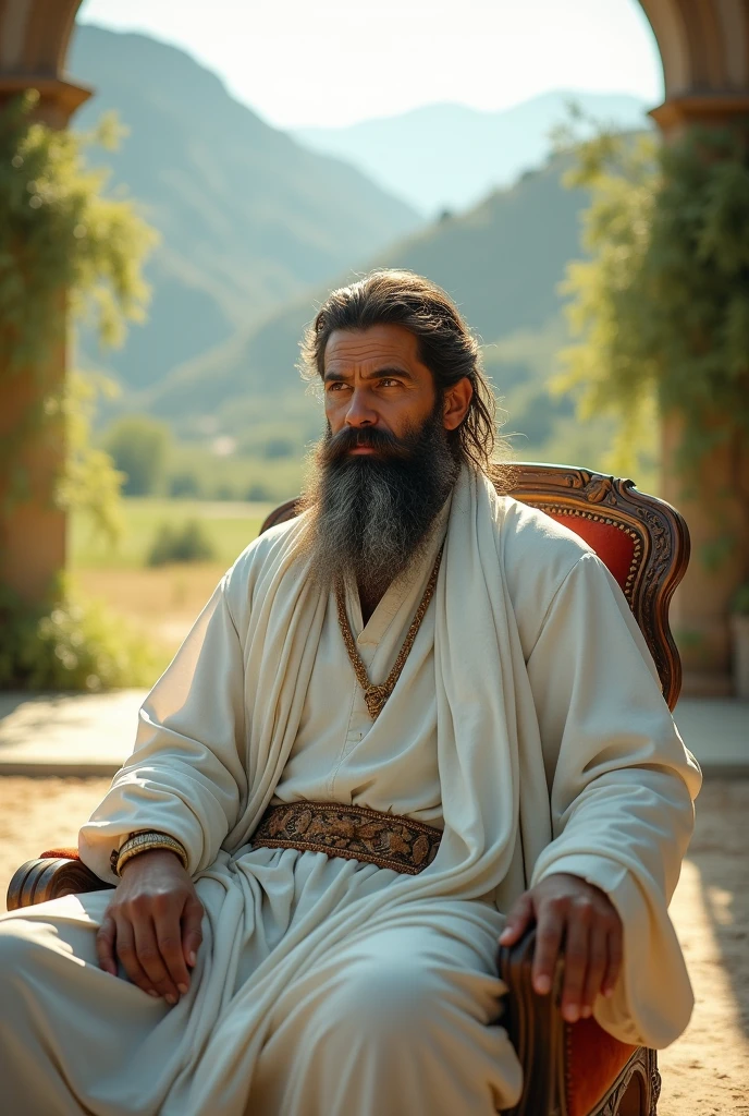 Pathan Man with beard wearing white clothes sitting in a chair in open