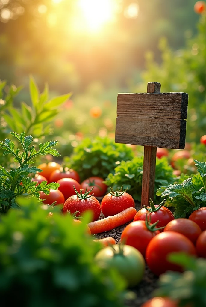 "Create an image of an organic garden with fresh vegetables in different bright colors, with dew drops shining on the leaves at dawn, while soft rays of sunlight illuminate the scene. Include a medium-sized wooden sign, empty and no text, placed visibly in the garden."