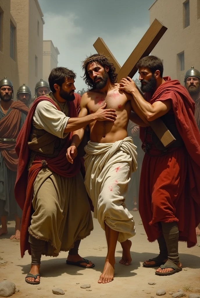 Simon of Cyrene is depicted being forcibly pressed into service by the Roman soldiers to carry the Cross alongside Jesus. The scene captures Simon's initial confusion and reluctance as he is grabbed by the soldiers and forced to assist. Simon is shown struggling with the weight of the Cross, his face expressing both strain and reluctance. Jesus, despite His exhaustion and pain, continues to carry part of the Cross, his face etched with suffering and his white robe stained with blood and dirt. The crown of thorns remains on His head, adding to His visible anguish. The background features the same crowded, dusty streets of Jerusalem, with onlookers witnessing the event. The Roman soldiers stand nearby, their expressions stern and commanding, overseeing Simon’s and Jesus’s efforts. The overcast sky above adds to the somber tone of the moment, highlighting the physical and emotional strain of the scene as Simon takes on the burden of the Cross beside Jesus."