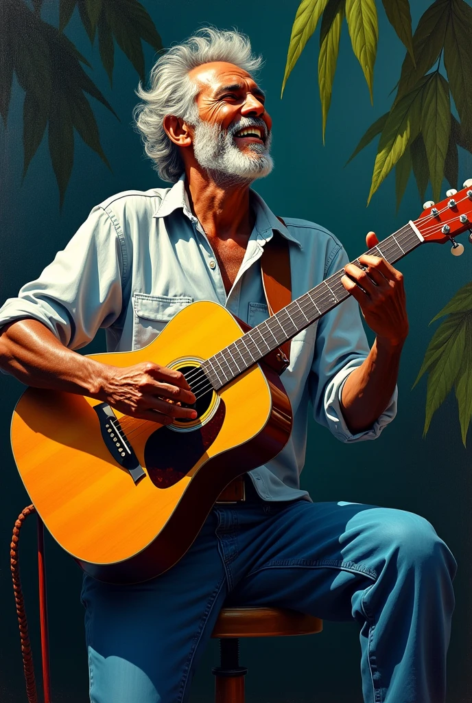A series of extremely simple, thin, continuous line drawings of a middle-aged Japanese man wearing a hat and playing an electric guitar (6-string jazz full-acoustic electric guitar). The man is sitting down, smoking a white cigarette. The posture is relaxed, with the head tilted slightly down and turned towards the guitar, expressing a deep concentration and melancholic atmosphere. The lines are drawn smoothly and elegantly, emphasizing the curves of the electric guitar and the gentle contours of the man's body. The overall atmosphere is one of quiet introspection and soulful expression through music.