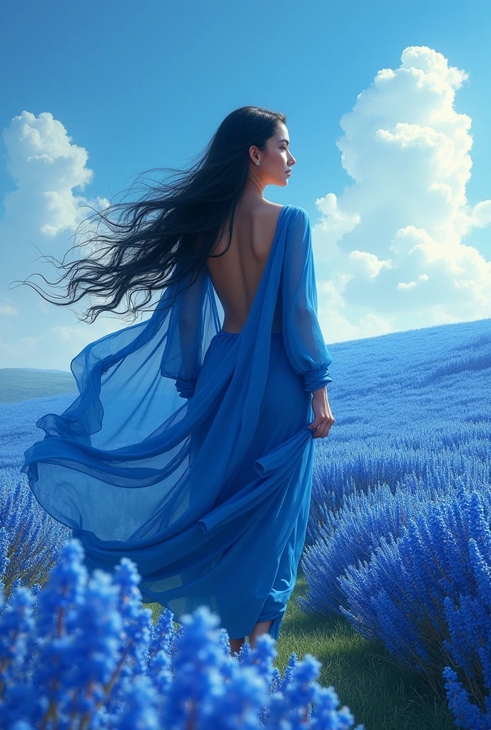 A Brazilian woman with long black hair, wearing long blue clothes, walking through nature with hair blowing in the wind, looking at the horizon of blue flowers