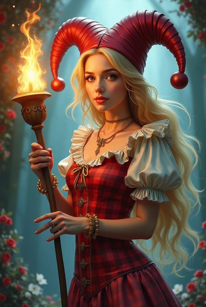 A woman with blonde hair and with a red checkered jester clothes and holding a torch