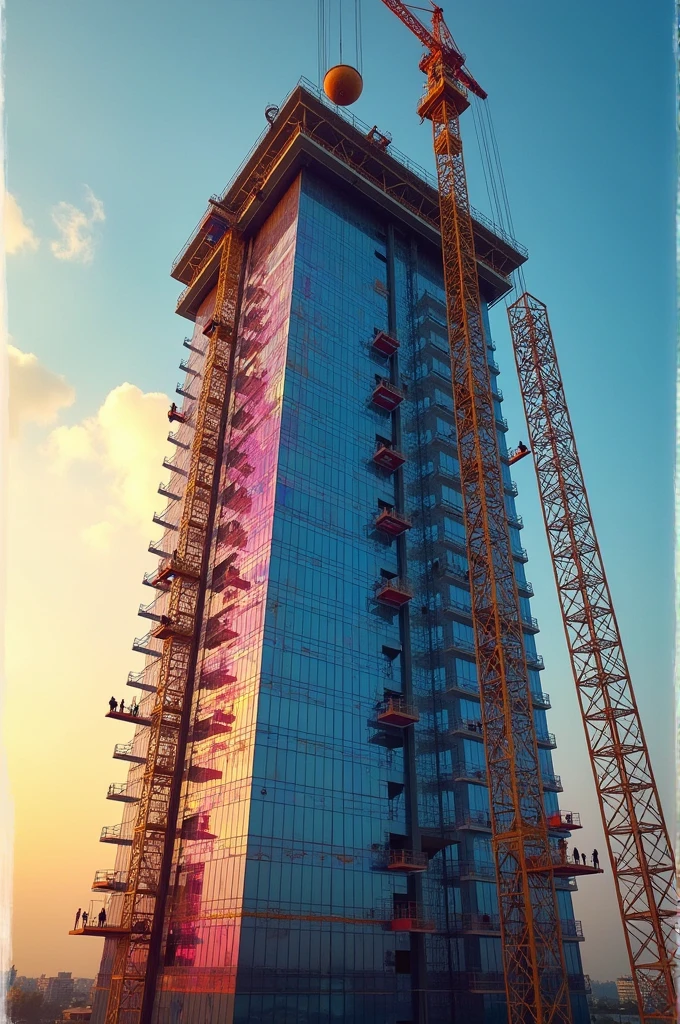 image showcases a commercial tower under construction, blending modern infrastructure with the vibrant spirit of the traditional Dahi Handi festival. The workers, positioned in a human pyramid reminiscent of Dahi Handi formations, are seen collaborating and supporting each other as they scale the building. A crane is involved in the construction process, with some workers stationed at various levels of the tower, while others are at the base, forming the foundation of the pyramid. At the top of the building, a handi (clay pot) is suspended by the crane, symbolizing the festive occasion. The background features a beautiful, expansive sky, merging the industrious atmosphere with cultural vibrancy, creating a harmonious scene that celebrates teamwork, tradition, and progress.
Want square 30 floor building with dycrolic glasses with beautiful background view was merged in cultural festival