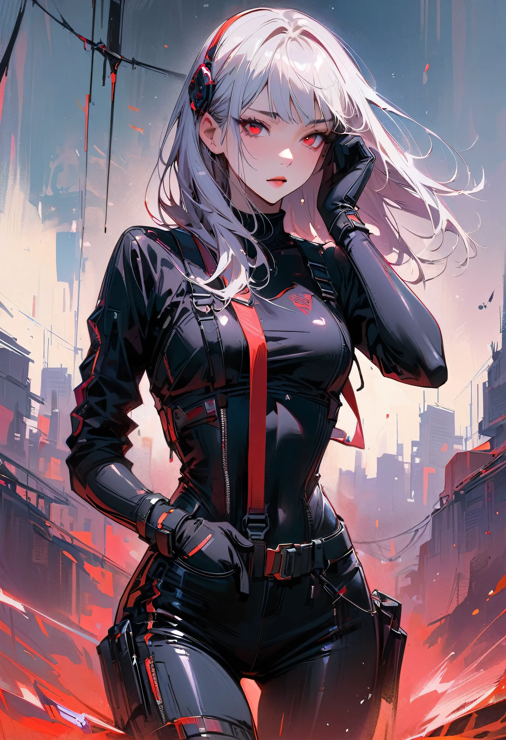 masterpiece， Best quality， 8 K， digital painting， 1 girl， One， get up， youth， White hair， длинные White hair， hair accessories， Red eyes， round pupils， impassive expression， blood stains， Mechanical parts， electrical wire， cable， Failure effect， terrifying， Science fiction， Futuristic， Dark inside the background， neon lights， Cyberpunk Characters， Surreal， strange， alarming， Chilling， terrifying， overalls，Red eyes，Poison obsession，Blackened，Long black gloves，One-piece trousers，tight latex bodysuit，Highlight her graceful figure,Wrap your whole body，symbiont，（（raised sexy）），overalls，Red eyes，Poison obsession，Blackened，Long black gloves，One-piece trousers，Black latex clothing，Blood-Red eyes，Best quality, a high resolution, super detailed, Bright textures, a mask, tight latex bodysuit, bang,purple hair, Blue eyes