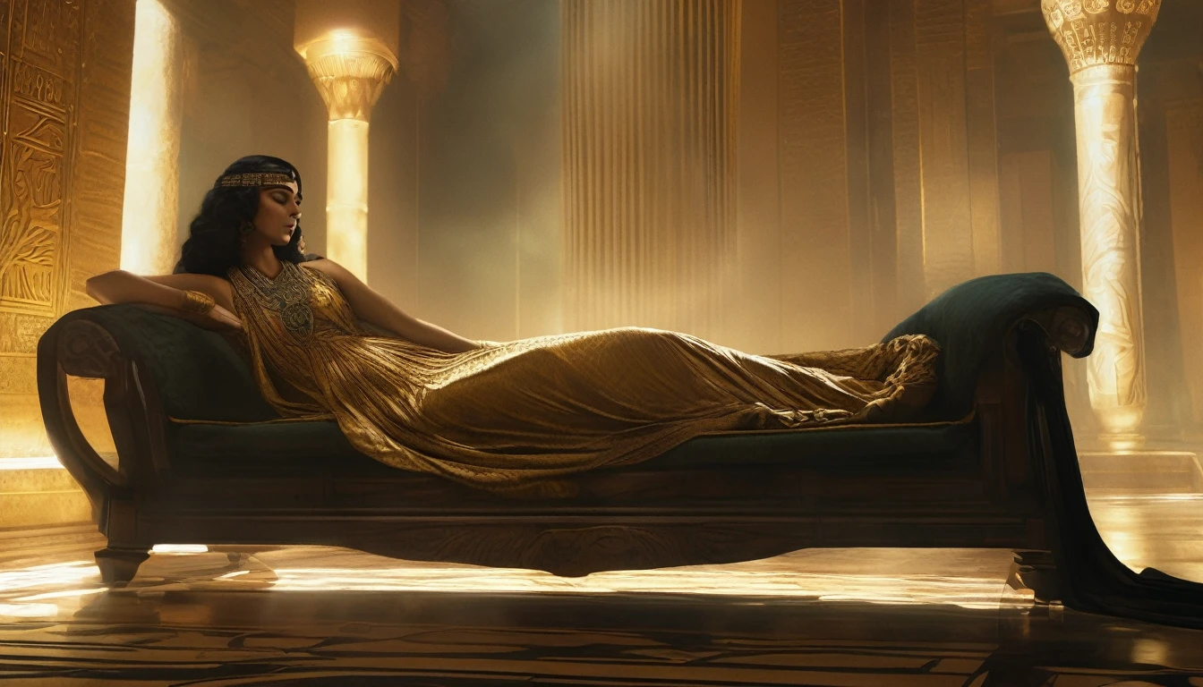 Cleopatra in her final moments, depicted with a blend of strength and vulnerability. She lies gracefully on a luxurious couch in a dimly lit Egyptian palace chamber. In one hand, she holds a small, intricately designed vial of poison, while a subtle image of an aspis snake is coiled nearby, referencing the long-standing myth of her death. Her expression is serene yet contemplative, as if accepting her fate. The room is filled with shadows and warm, golden light, creating a melancholic and mysterious atmosphere. The scene captures both the tragedy of her final act and the historical debate surrounding her death