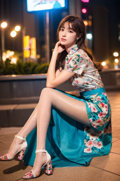 colorful shirt with collar、(long skirt with floral pattern:1.3)、((silk pantyhose))、(She is sitting, showing off her beautiful legs and high heels)、1 girl、(Delicate face、Detailed eyes and face、double eyelid、Glossy lips)、Moisturized skin、Highly detailed face and skin texture、Two well-balanced legs、Large Breasts、((Highest quality、Ultra-high resolution、masterpiece、8k))、((Perfect Anatomy、Anatomically correct))、(Full Body Portrait)、Modern architecture at night on the background、Professional Lighting、Realistic、Realistic、Ultra-realistic