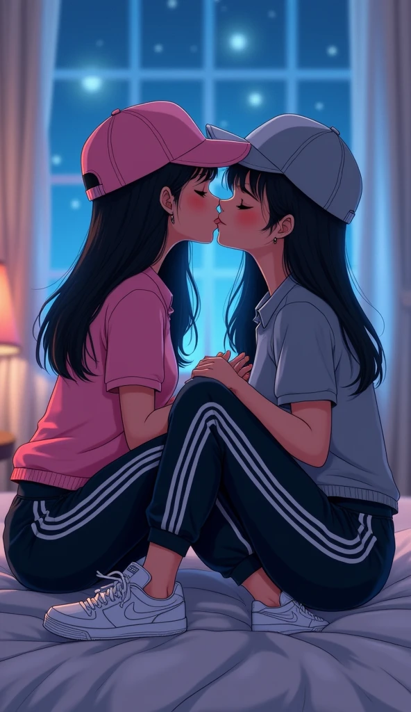 Two girls long black hairs, yuri

The first girl wear a pink polo shirt, pink cap, black sweatpants with three white stripes, shirt tucked into pants, white socks, white nike sneakers

The second girl wore a grey polo shirt, grey cap, black sweatpants with three white stripes, shirt tucked into pants, white socks, white nike sneakers

French kiss, lesbian kiss, hugging, sensual body, closed eyes,the first girl insert right hand into black sweatpants of the second girl, sitting on the bed, bedroom, fantastic night blue sky, novel cartoon, 4K, HD