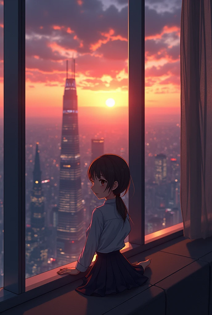 Shiina Mahiru's face, a girl sitting alone in a tall building in the city, with a full view of the tall buildings at sunset