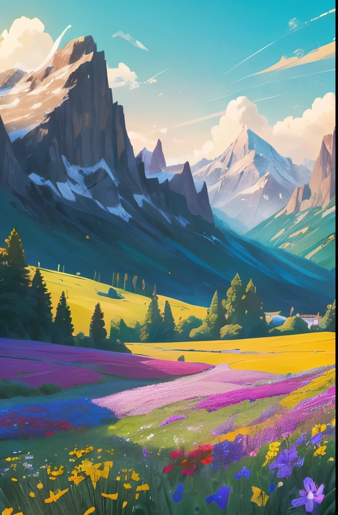 flowers in a field with mountains in the background, wildflowers, colorful wildflowers, field of wild flowers, field of mixed flowers, vast lush valley flowers, fields of flowers, field of flowers, an aesthetic field of flowers, southern wildflowers, wildflowers and grasses, by Jim Nelson, meadows, beautiful scenery, wild flowers, rural splendor, mythical floral hills, field of fantasy flowers