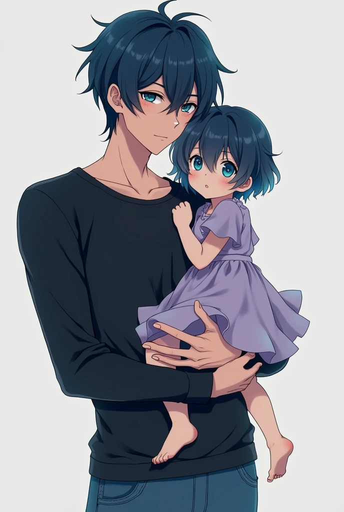 A light-skinned man, Dark Blue Hair, turquoise blue eyes, wearing a black long sleeve shirt, a pair of blue jeans. Holding a 3 year old, de Dark Blue Hair e turquoise blue eyes, wearing a lilac dress, anime styling