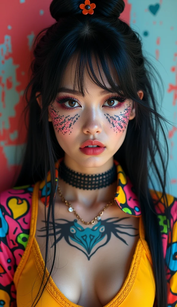 (best quality, 4K, 8K, high-resolution, masterpiece), ultra-detailed, photorealistic, striking young woman, bold Neo-Gothic makeup, bold Neo-Gothic hair, vibrant Pop Art inspired outfit, intricate facial designs, modern fashion, high fashion, vibrant colors, digital art