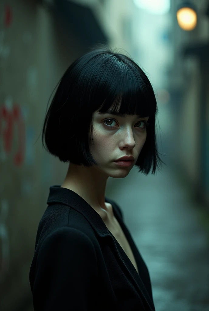 photo of a young 1 pale woman, black bob haircut, scene girl teenager, street photography , from below, finely detailed skin, rim lighting, hard lighting, ((hasselblad photography)) (8K, 16k, uhd, dslr), (RAW photo:1.2), (best quality:1.4), (high quality:1.4), (masterpiece:1.2), (realistic:1.3), (photo-realistic:1.4), ultra-detailed, (grainy:0.4) [full body]
