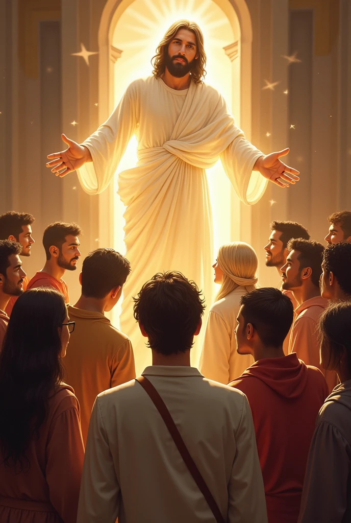 Jesus with wounds in his hand and the Holy Spirit with a group of charismatic youth